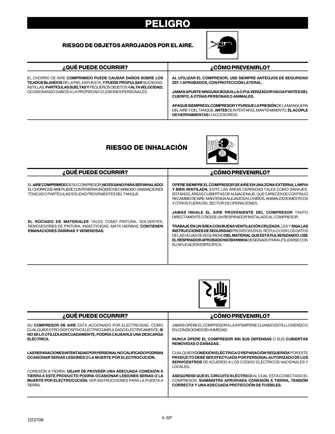 Senco PC2053-1 owner manual Riesgo DE Inhalación 