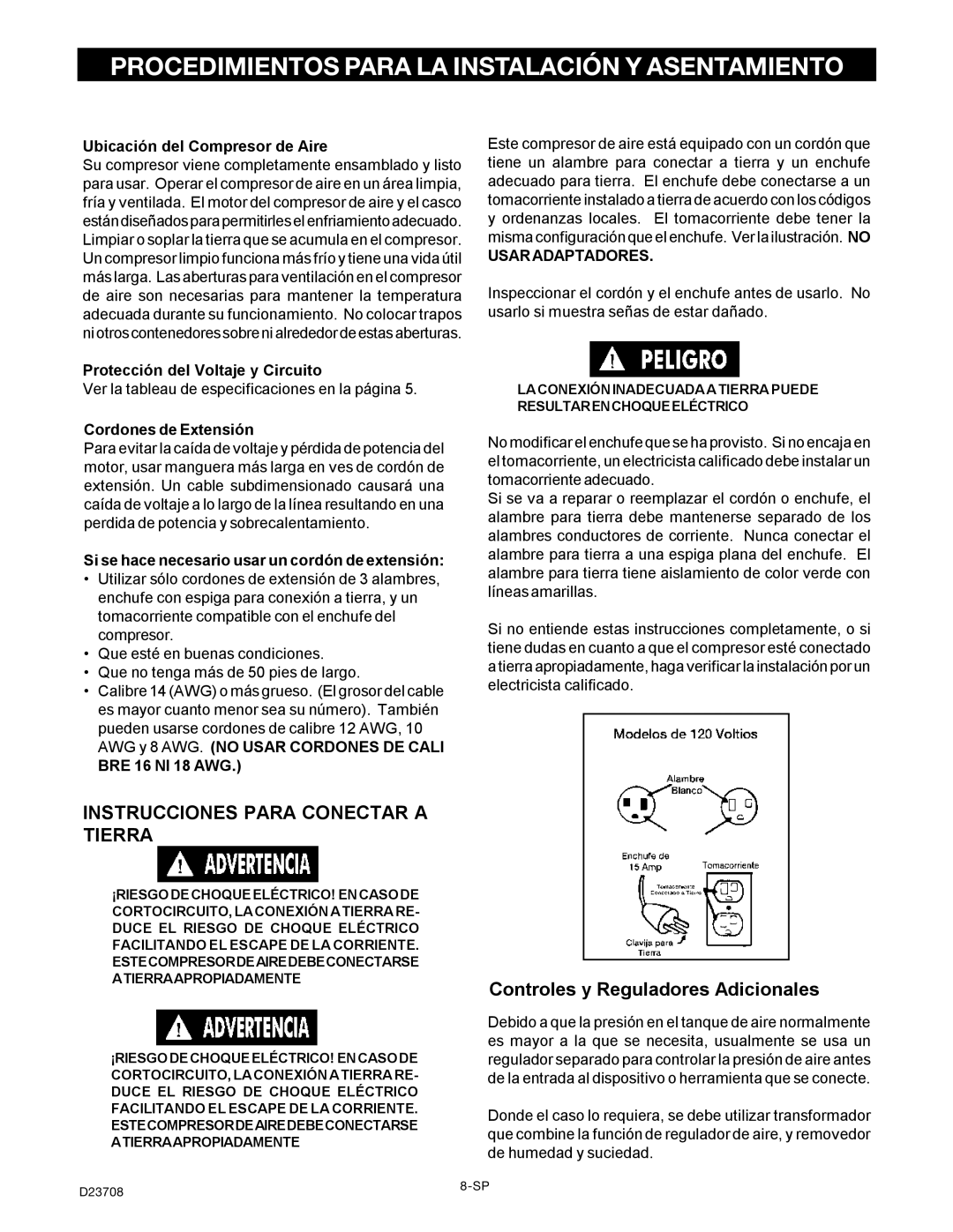 Senco PC2053-1 owner manual Instrucciones Para Conectar a Tierra, Controles y Reguladores Adicionales, Usaradaptadores 