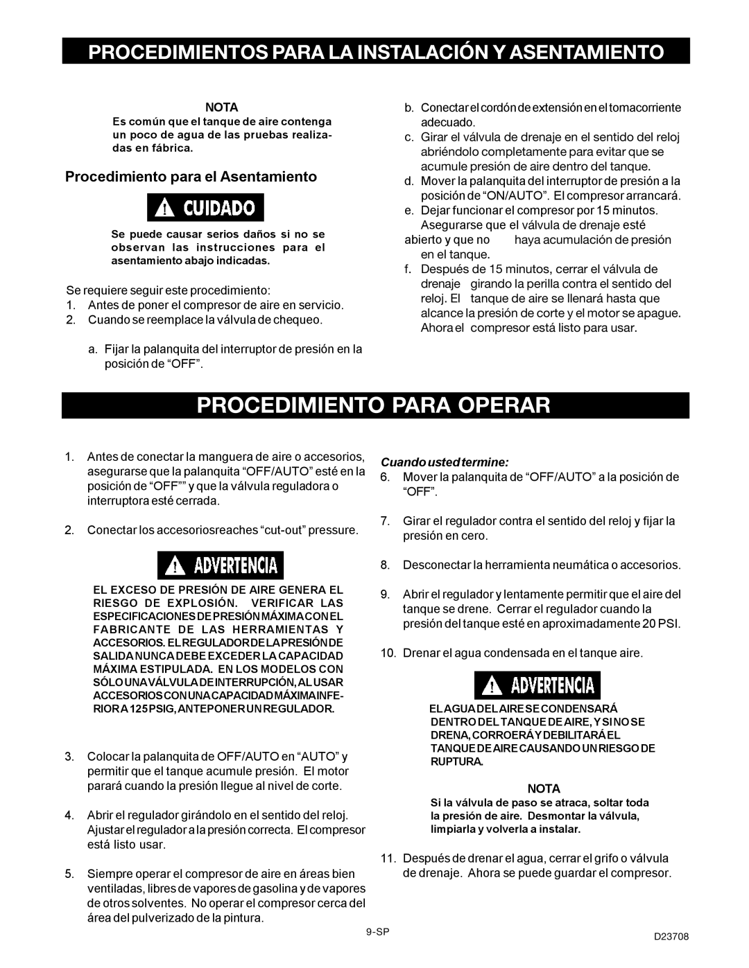 Senco PC2053-1 owner manual Procedimiento Para Operar, Procedimiento para el Asentamiento, Nota, Cuando usted termine 