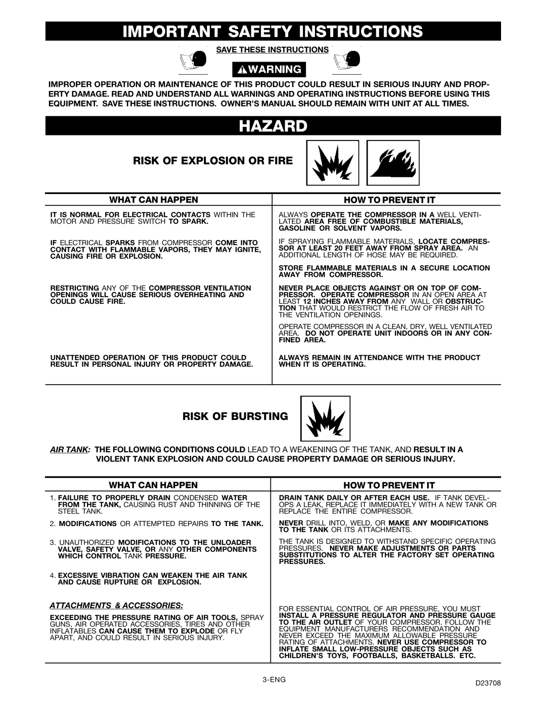 Senco PC2053-1 owner manual Important Safety Instructions Hazard, Risk of Explosion or Fire, Risk of Bursting 