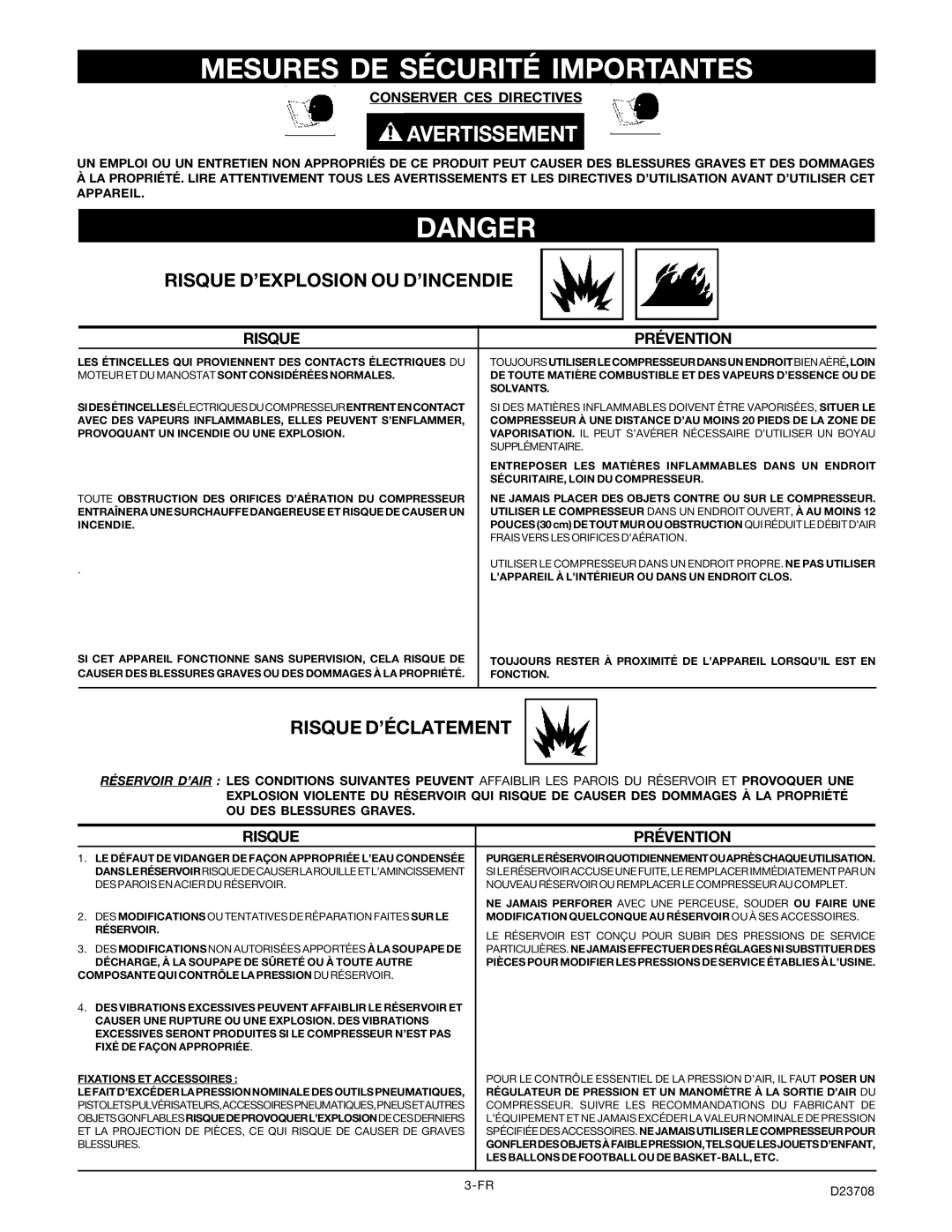 Senco PC2053-1 Mesures DE Sécurité Importantes, Risque D’EXPLOSION OU D’INCENDIE, Risque D’ÉCLATEMENT, Risque Prévention 