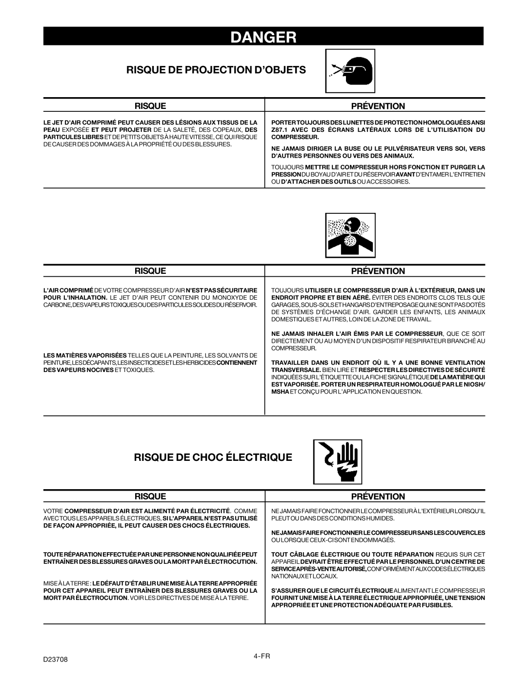 Senco PC2053-1 owner manual Risque DE Projection D’OBJETS, Risque DE Choc Électrique 