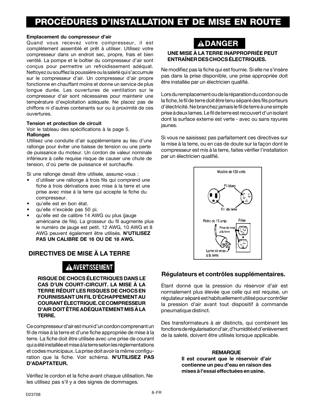 Senco PC2053-1 Directives DE Mise À LA Terre, Régulateurs et contrôles supplémentaires, PAS UN Calibre DE 16 OU DE 18 AWG 