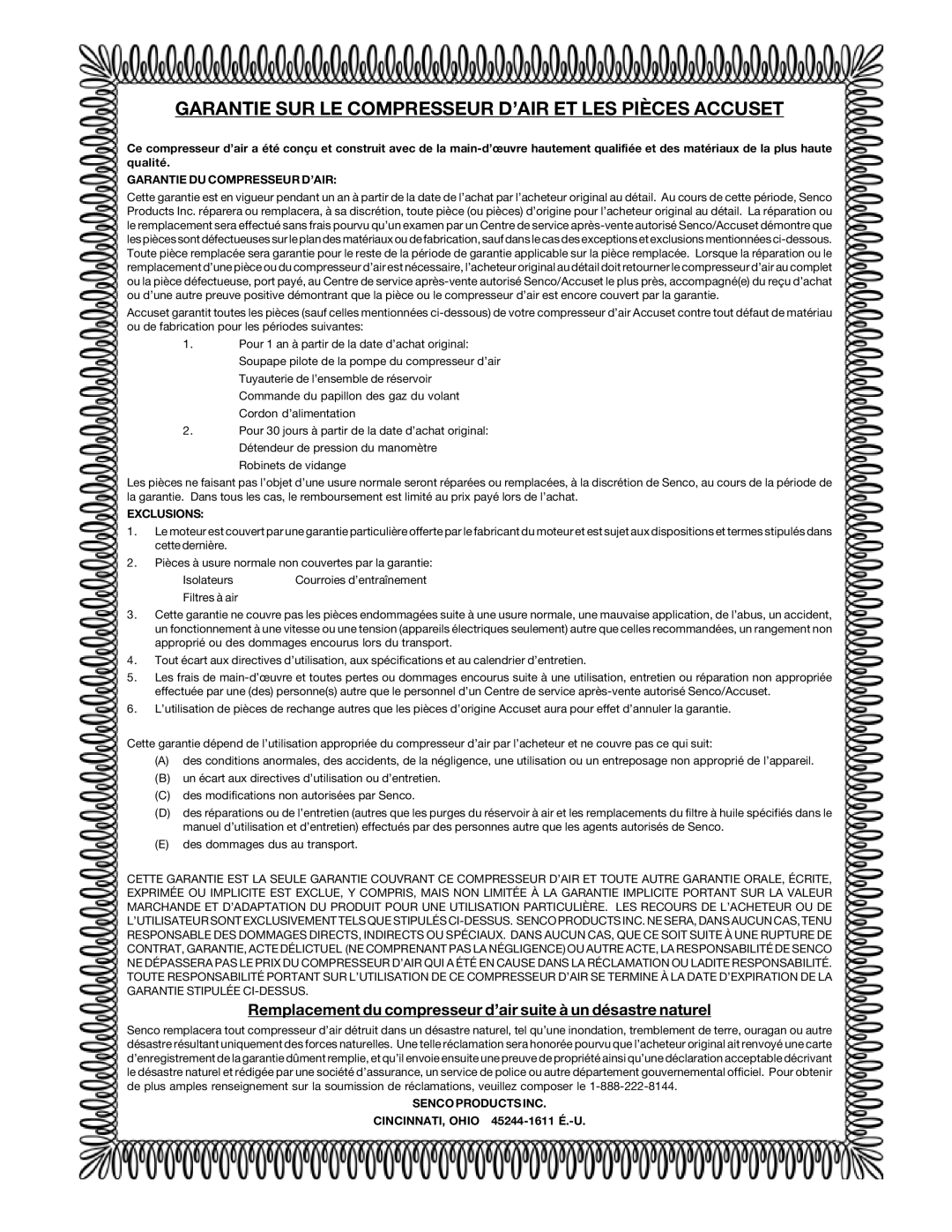 Senco PC2053-1 owner manual Garantie SUR LE Compresseur D’AIR ET LES Pièces Accuset, Garantie DU Compresseur D’AIR 