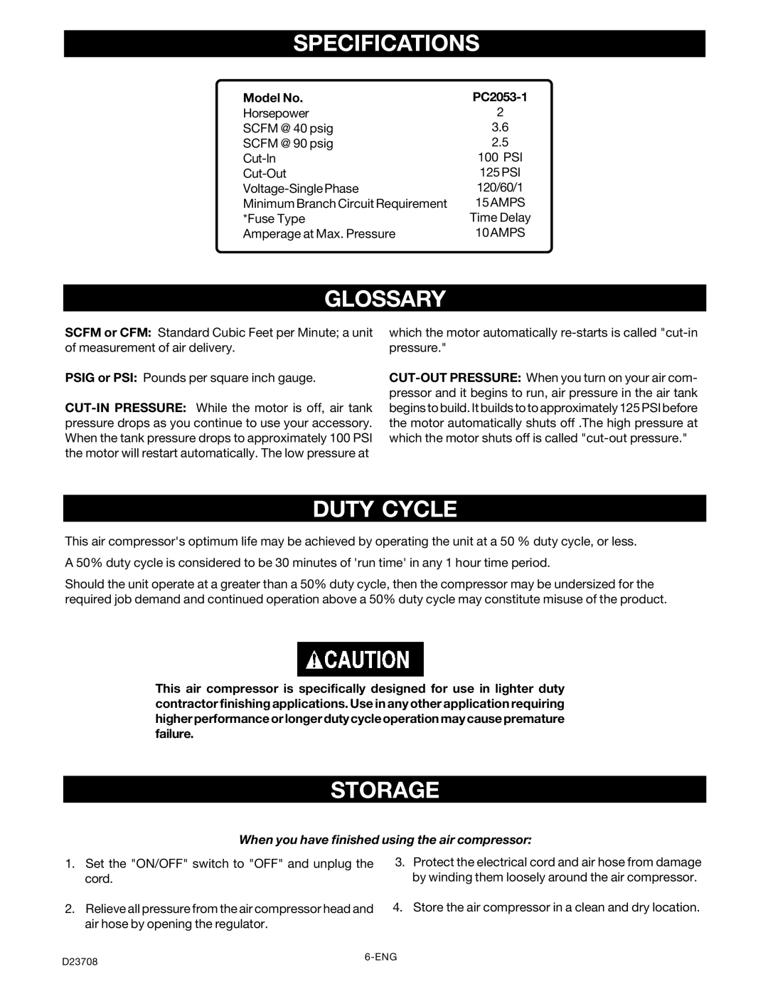 Senco PC2053-1 owner manual Specifications, Glossary, Duty Cycle, Storage, When you have finished using the air compressor 