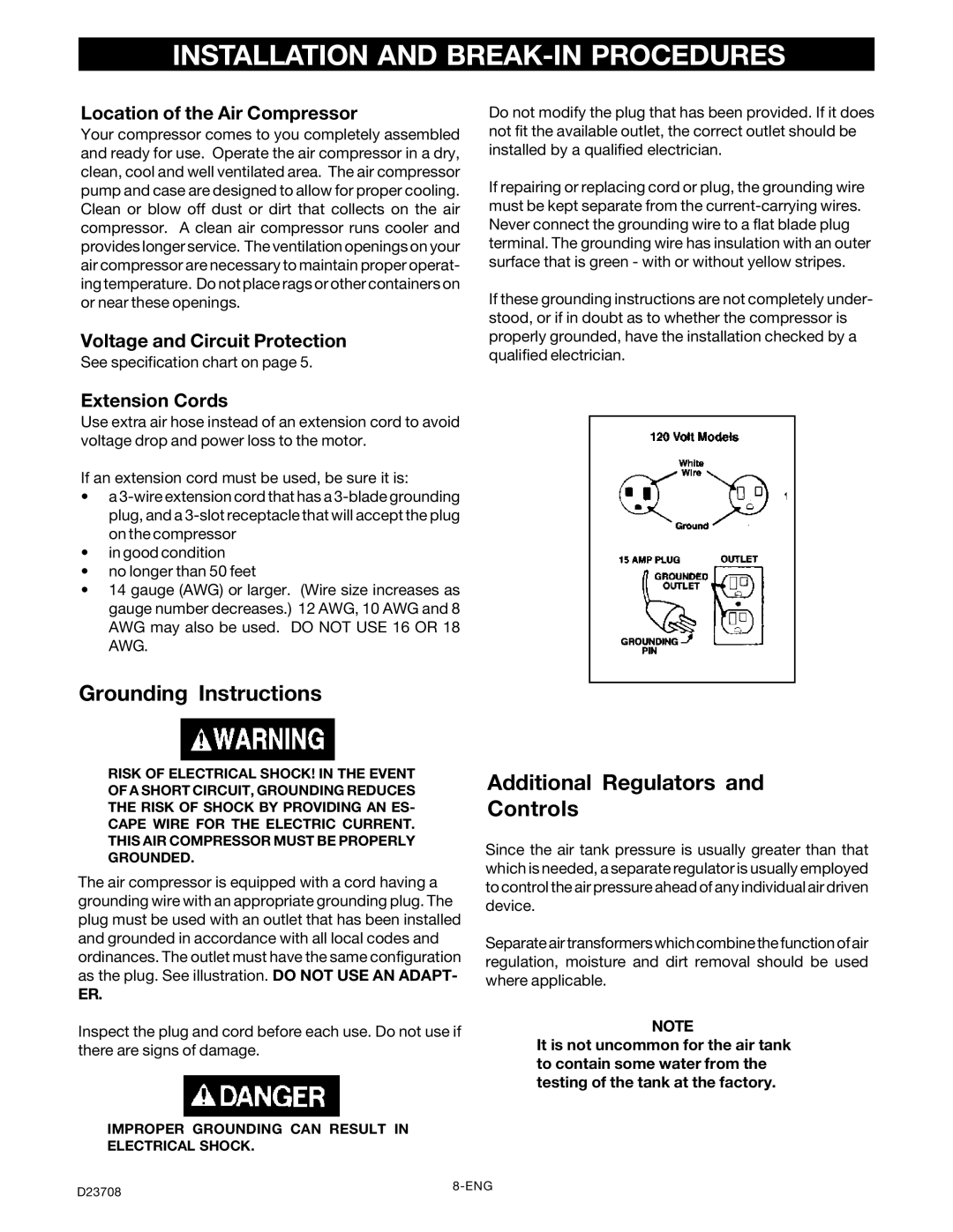 Senco PC2053-1 Installation and BREAK-IN Procedures, Location of the Air Compressor, Voltage and Circuit Protection 