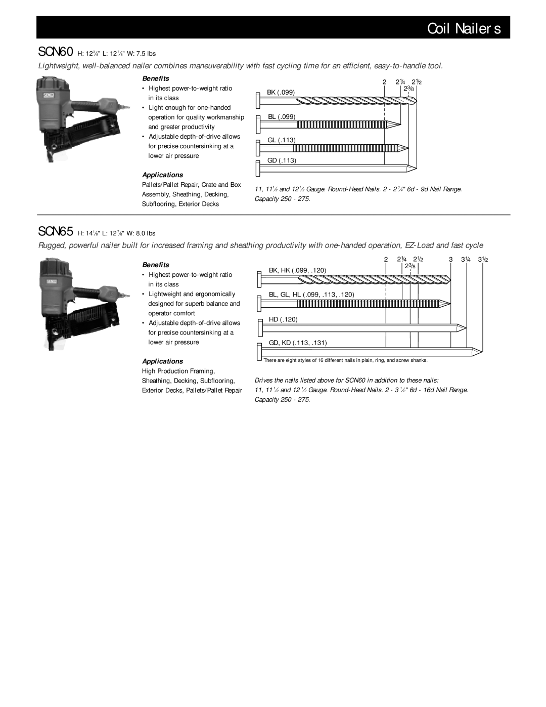 Senco SCN45 manual SCN60 H 123⁄8 L 12 7⁄8 W 7.5 lbs, Subflooring, Exterior Decks, SCN65 H 141⁄8 L 12 7⁄8 W 8.0 lbs 