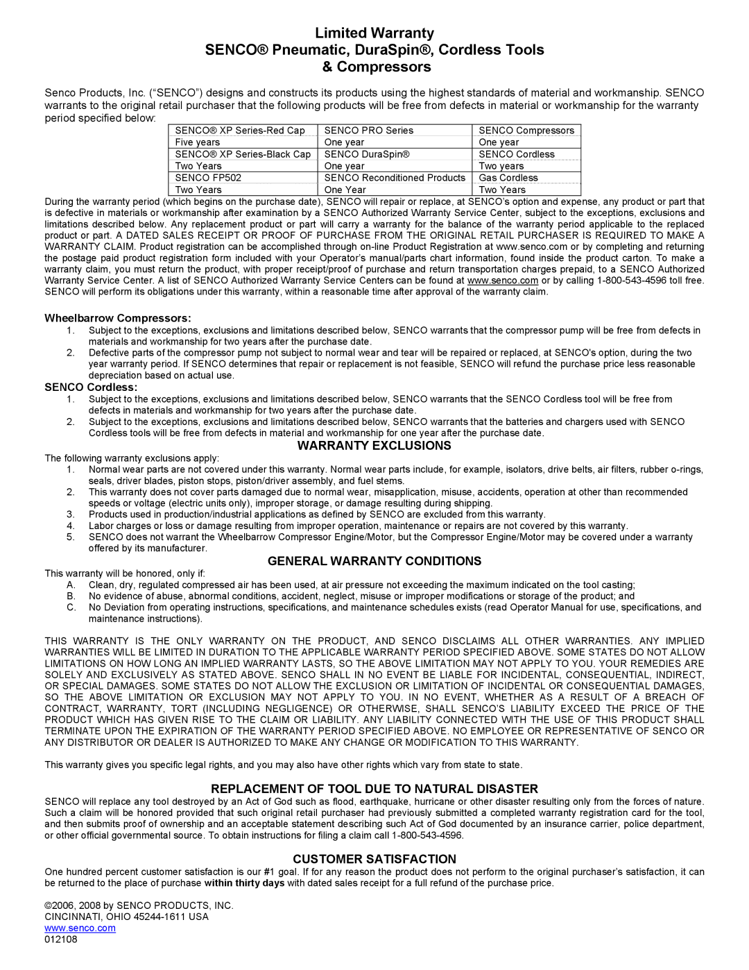 Senco SCN48, SCN49 operating instructions Warranty Exclusions 