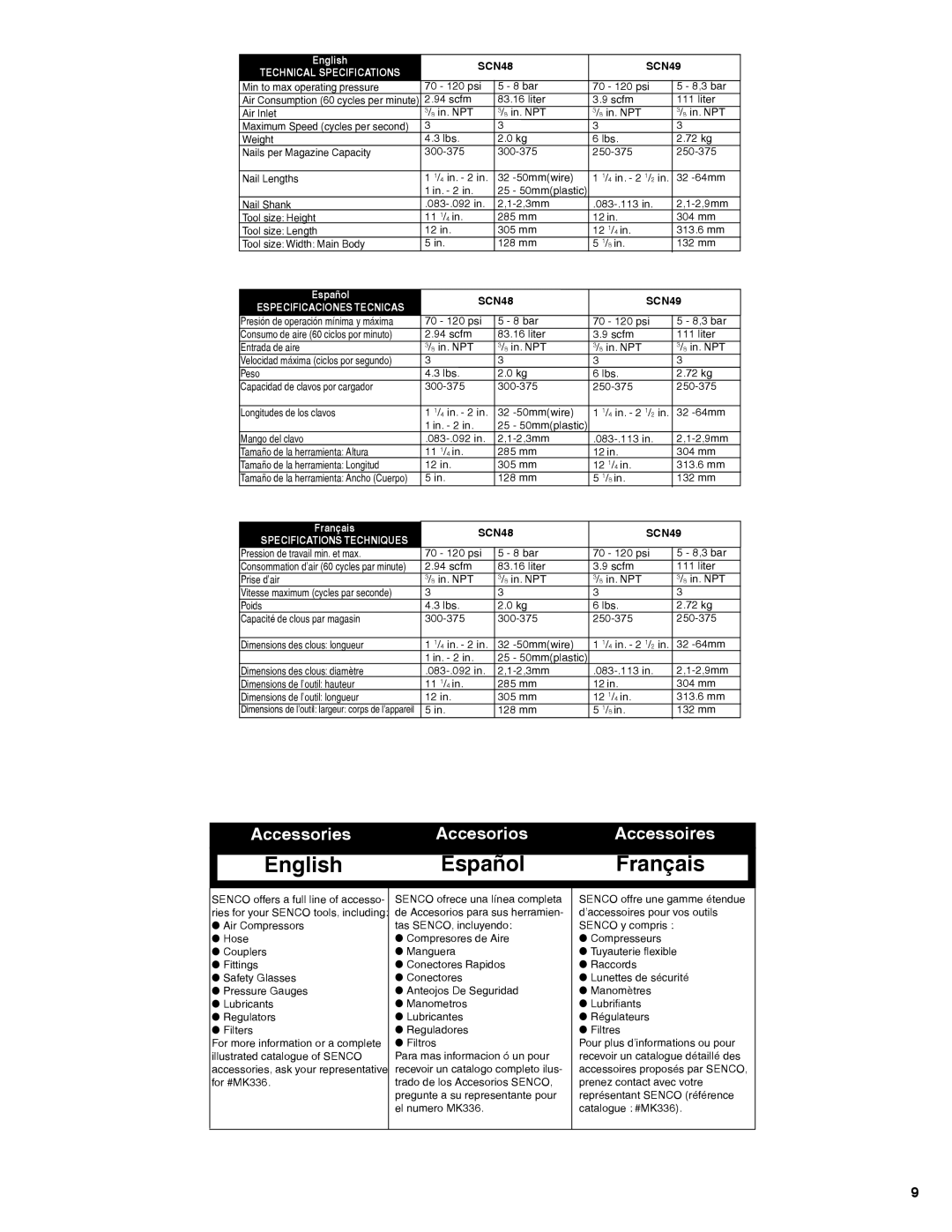 Senco SCN49, SCN48 operating instructions Accessories Accesorios Accessoires 