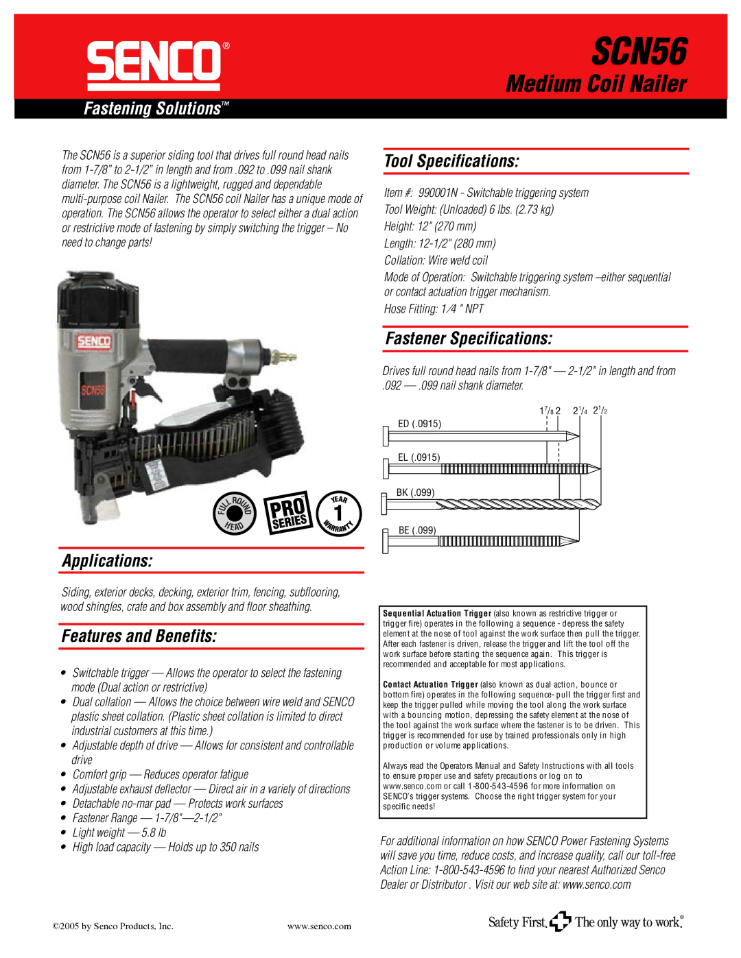 Senco SCN56 specifications Medium Coil Nailer, Fastening Solutions 