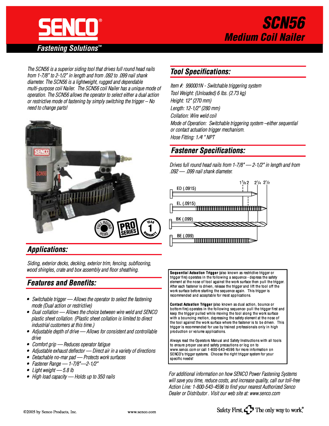 Senco SCN56 specifications Medium Coil Nailer, Fastening Solutions, Applications, Features and Benefits 