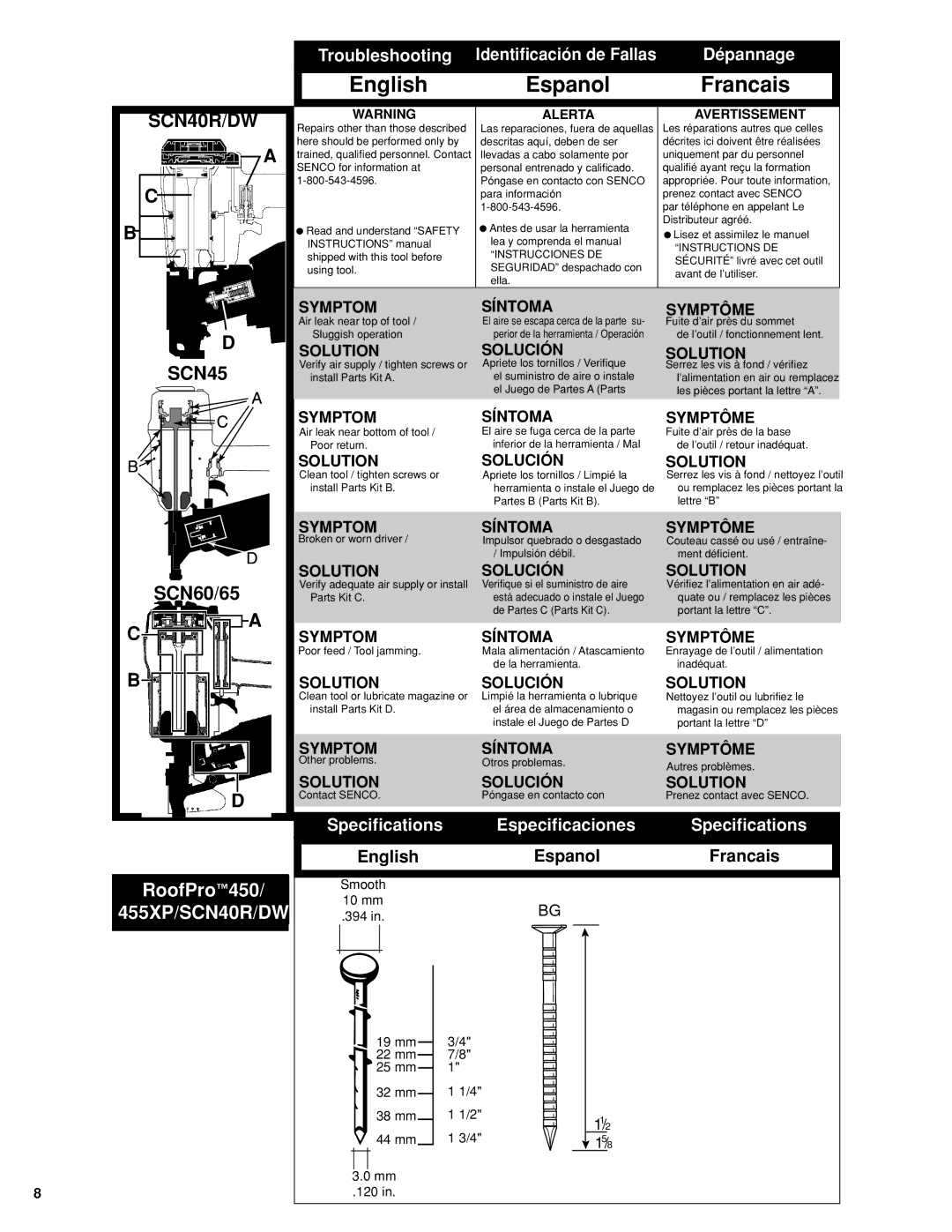 Senco SCN65, SCN60, SCN56 manual SCN45, 455XP/SCN40R/DW 