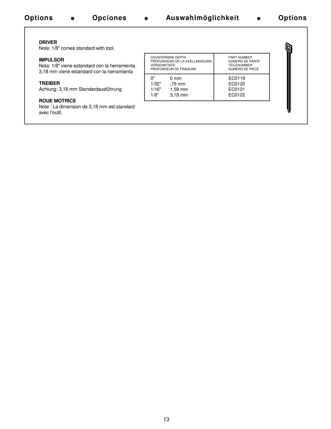 Senco SFN1+ operating instructions Options Opciones Auswahlmöglichkeit 