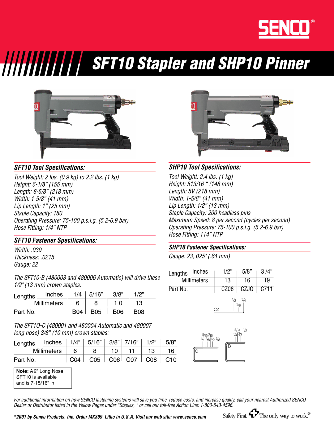 Senco SHPIO manual SFT10 Tool Specifications SHP10 Tool Specifications, SFT10 Fastener Specifications 