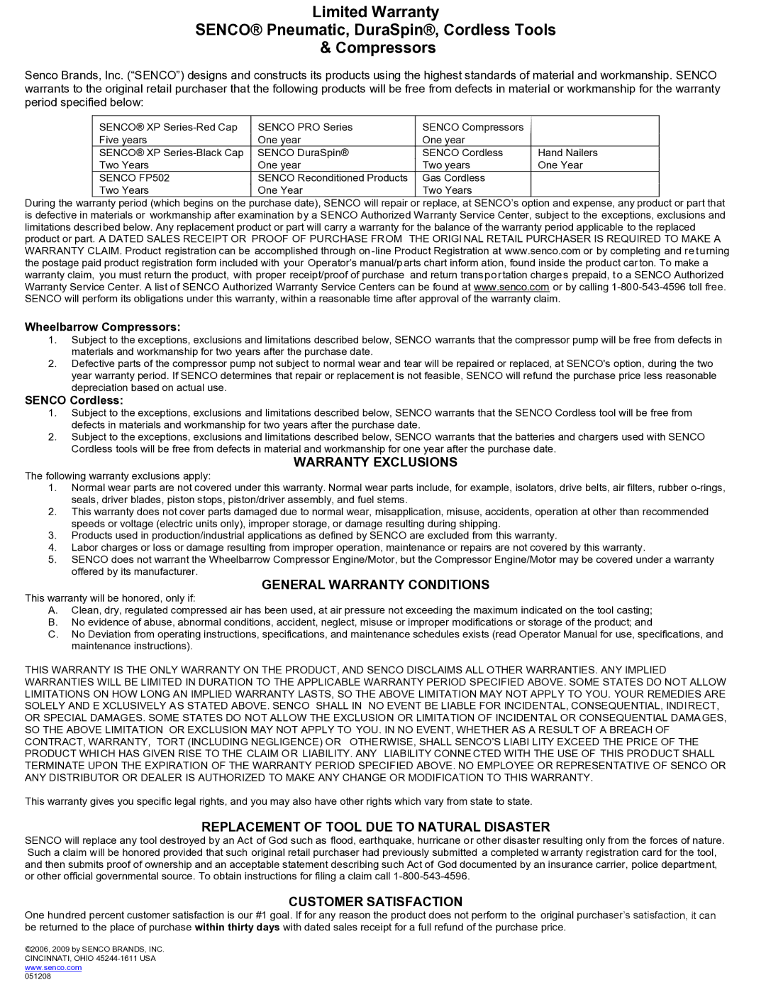 Senco SFT10XP operating instructions Warranty Exclusions 