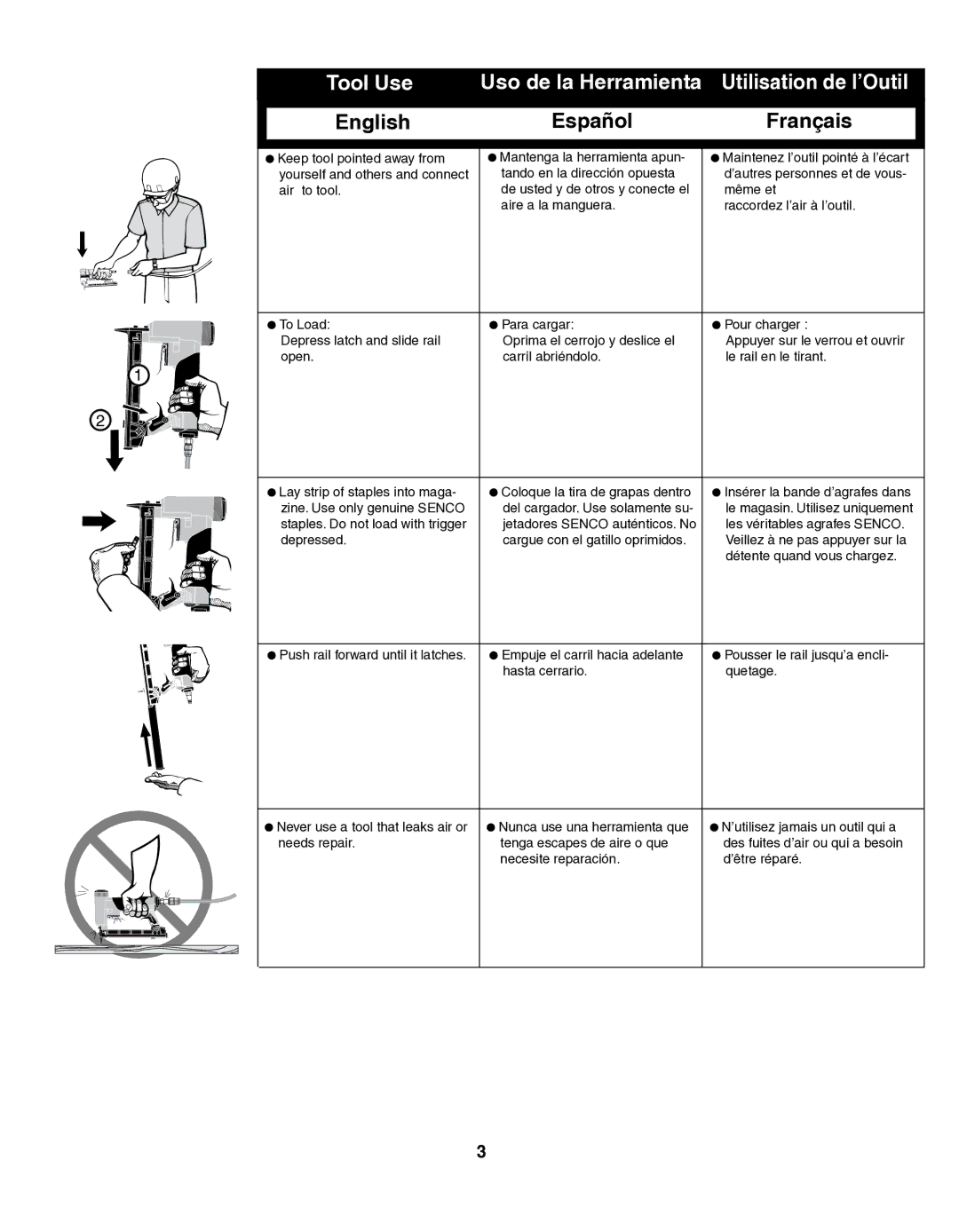 Senco SFT10XP operating instructions Tool Use Uso de la Herramienta Utilisation de l’Outil 