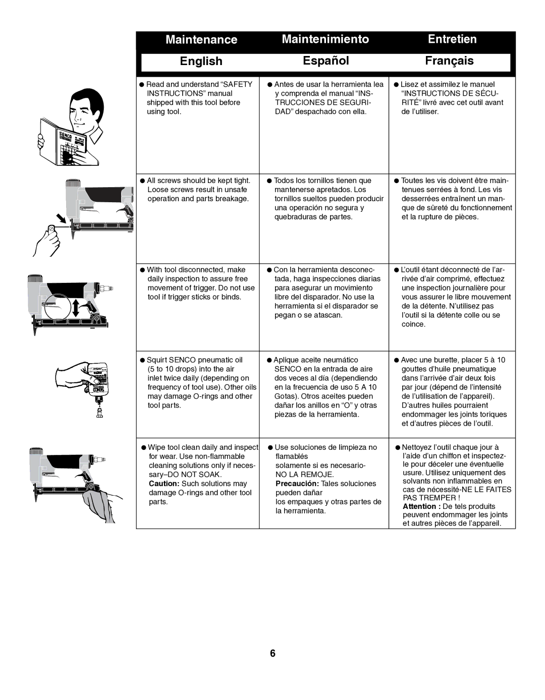 Senco SFT10XP operating instructions Maintenance Maintenimiento Entretien, No LA Remoje 