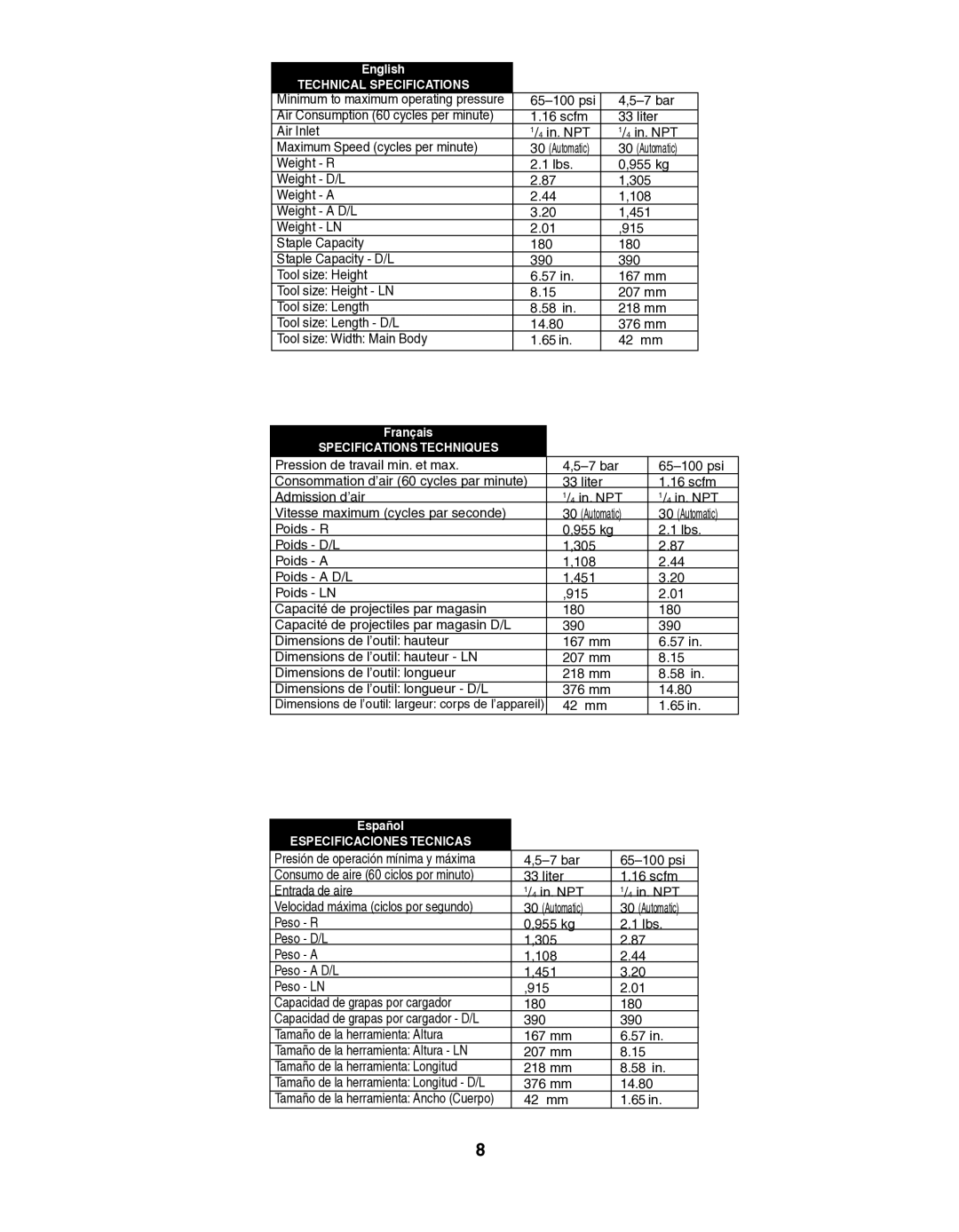 Senco SFT10XP operating instructions Technical Specifications 