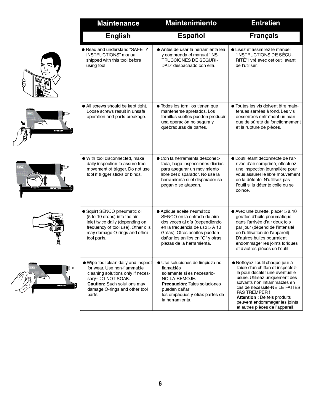 Senco SFW09 operating instructions Maintenance Maintenimiento Entretien, Trucciones DE Seguri, No LA Remoje, PAS Tremper 