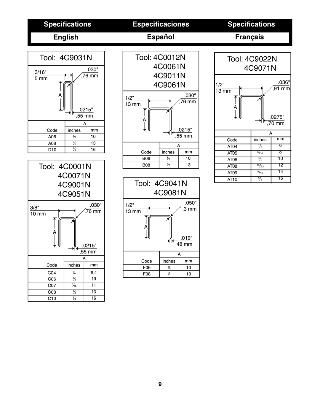 Senco SFW09 operating instructions 4C9001N 4C9051N 4C9081N, Specifications 