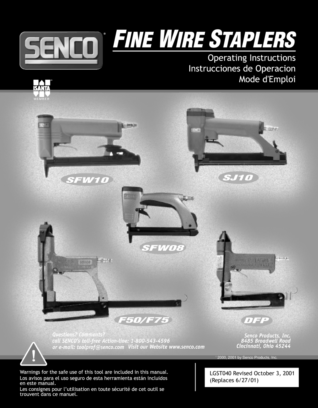 Senco DFP, SFW10, F75, F50 manual LGST040 Revised October 3, 2001 Replaces 6/27/01 