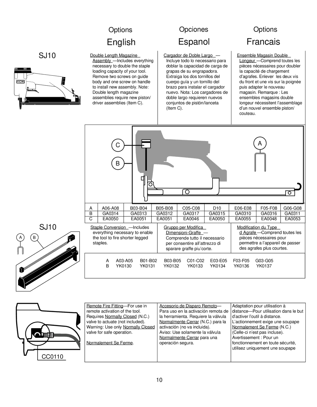 Senco F75, SFW10, DFP, F50 manual EnglishEspanol Francais, Options Opciones 