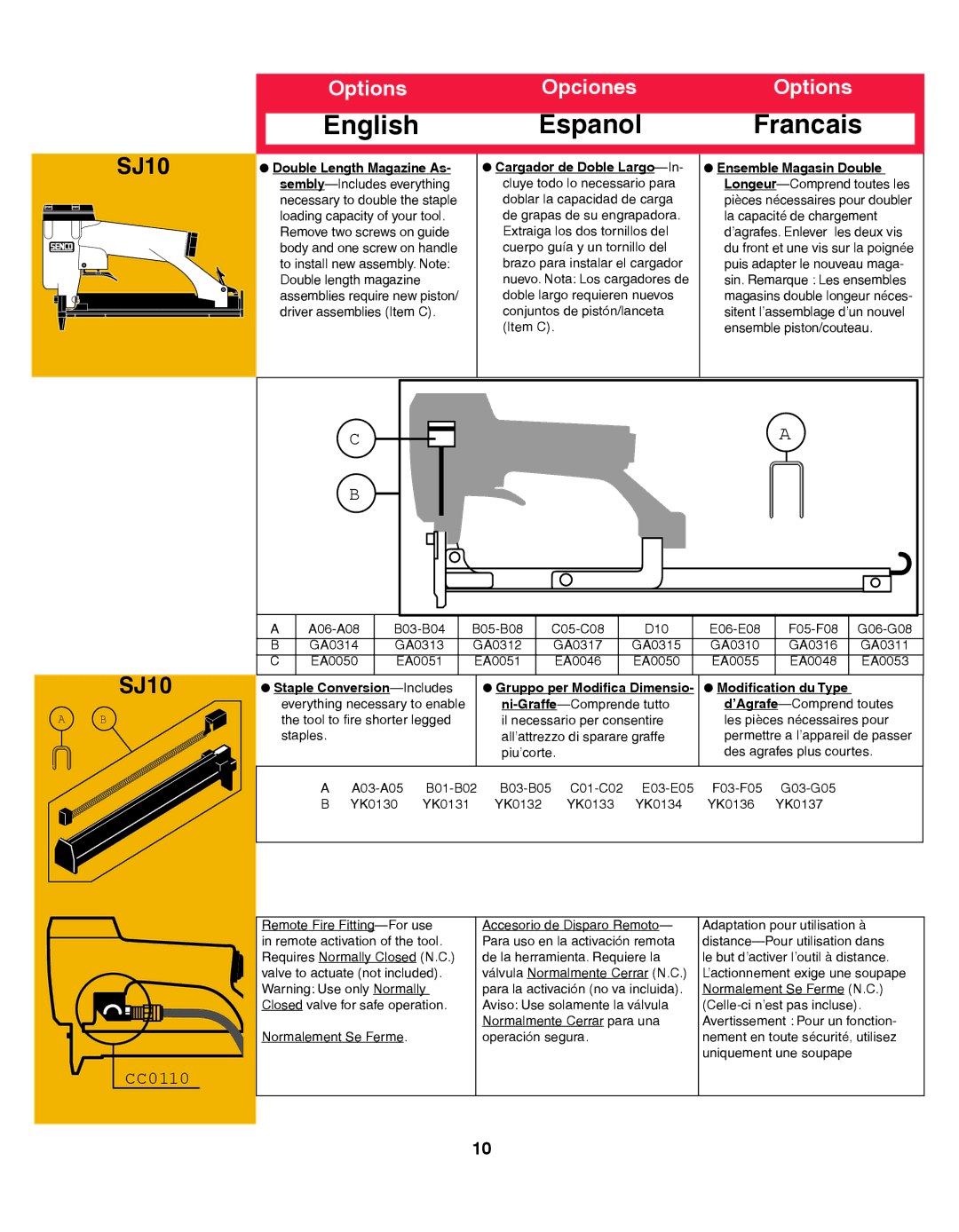 Senco SFW10XP operating instructions English Espanol Francais, Options Opciones 