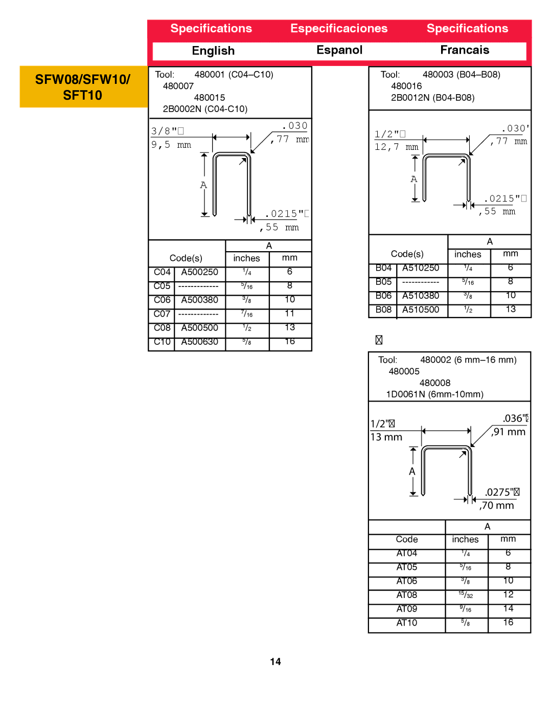 Senco SFW10XP operating instructions Specifications Especificaciones, 55 mm 