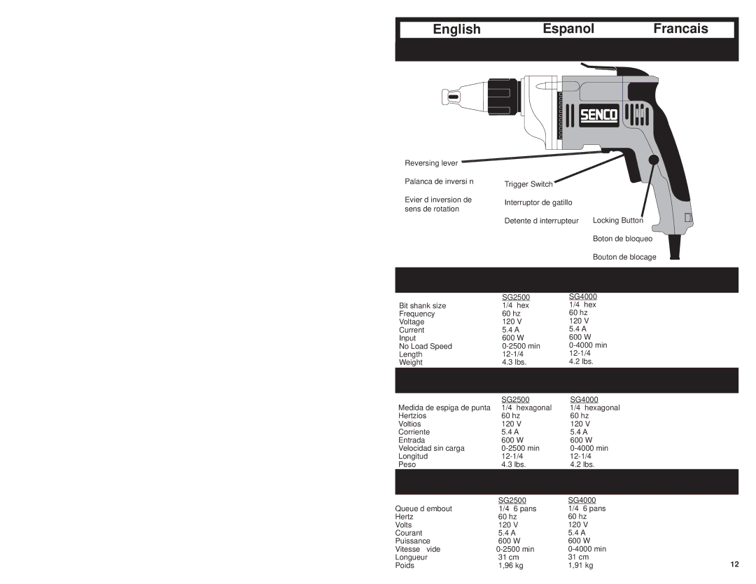 Senco SG2500, SG4000 instruction manual English Specifications 