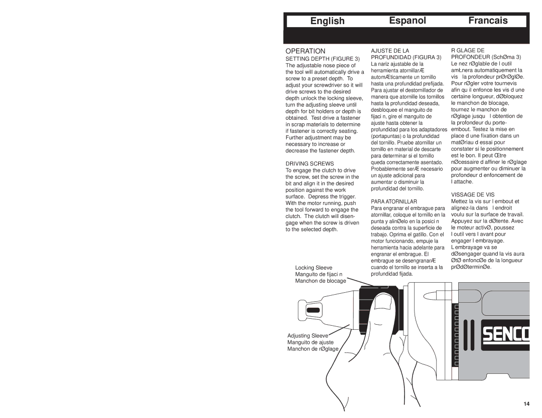 Senco SG2500, SG4000 instruction manual Driving Screws, Para Atornillar, Vissage DE VIS 