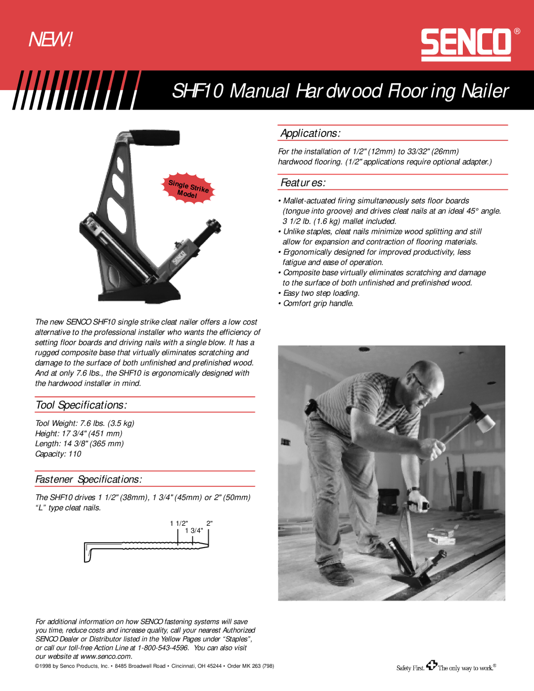 Senco specifications New, SHF10 Manual Hardwood Flooring Nailer, Applications, Features, Tool Specifications 