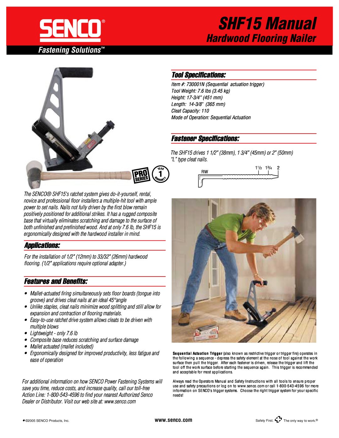 Senco specifications SHF15 Manual, Hardwood Flooring Nailer, Fastening Solutions, Tool Speciﬁcations, Applications 