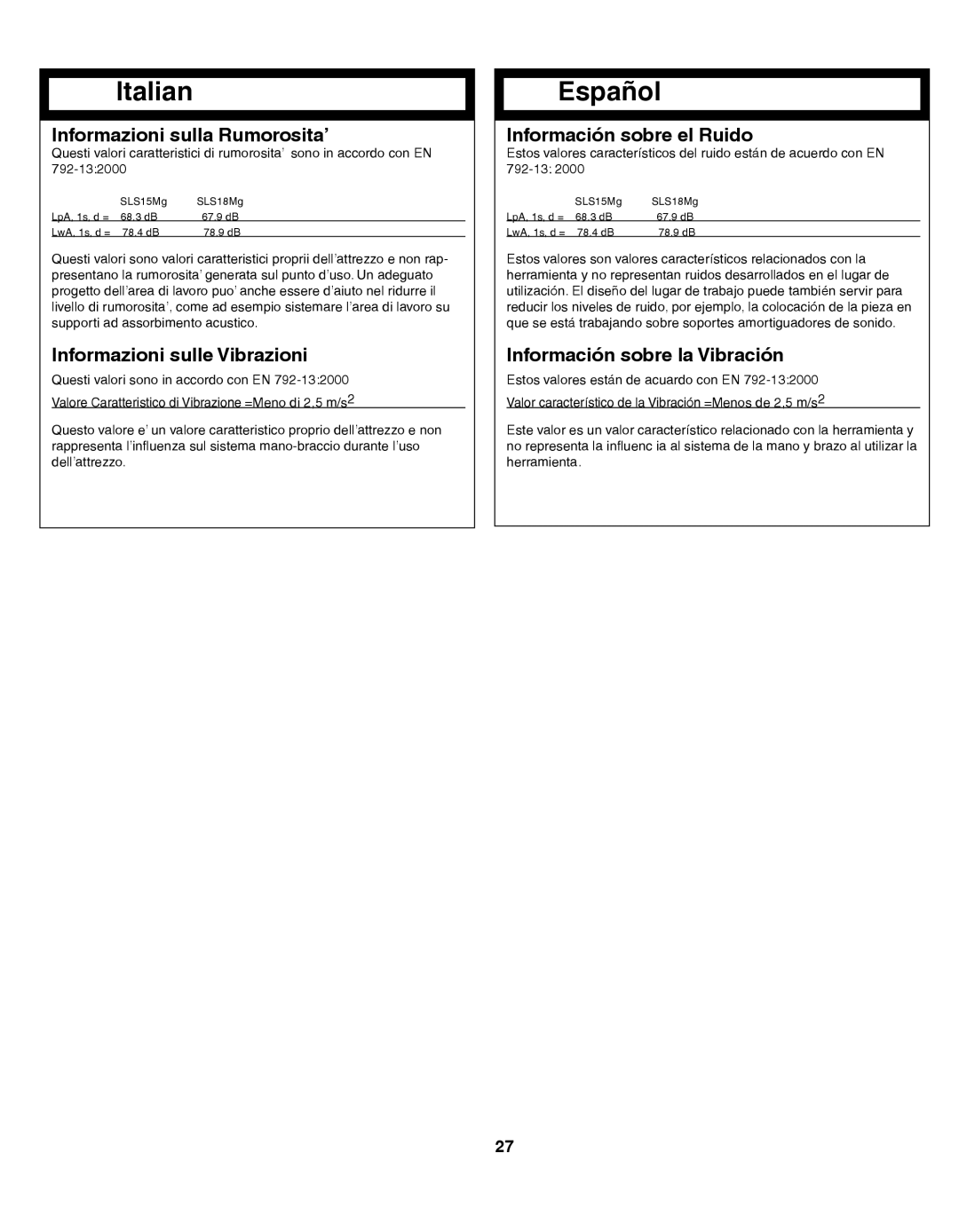 Senco SLS18MG, SLS15MG manual Informazioni sulla Rumorosita’ 