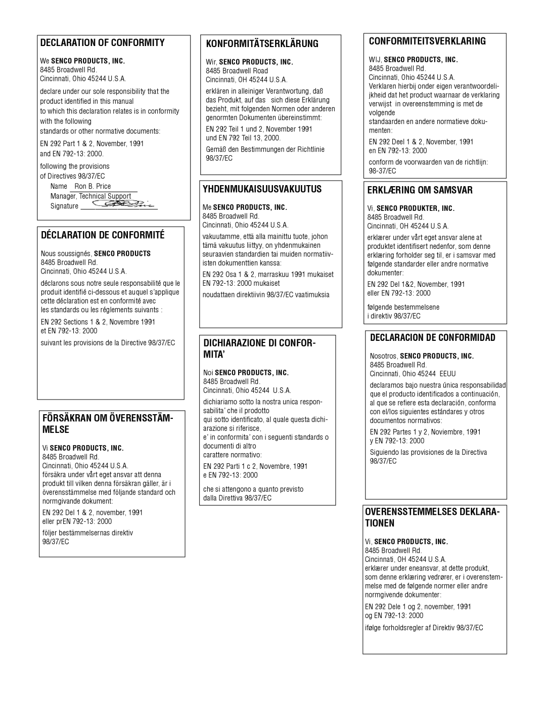 Senco SLS15MG, SLS18MG manual Declaration of Conformity 