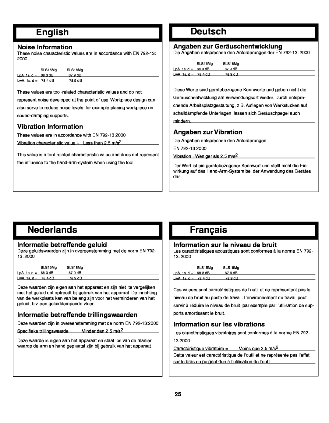 Senco SLS18MG Noise Information, Vibration Information, Angaben zur Geräuschentwicklung, Angaben zur Vibration, English 