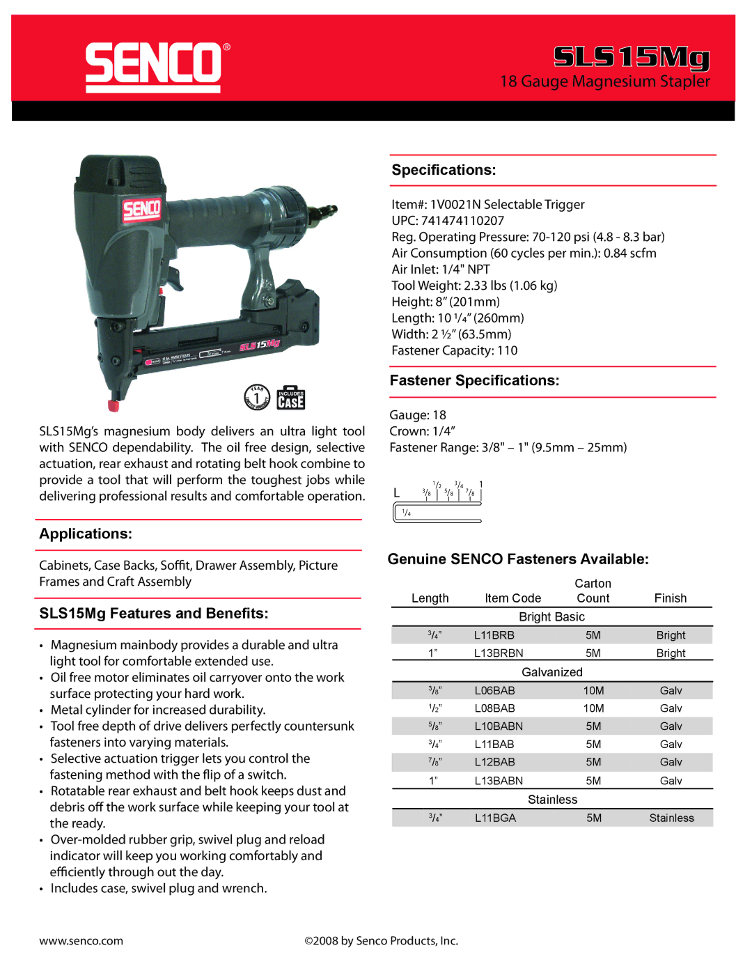 Senco SLS15MG specifications SLS15Mg, Gauge Magnesium Stapler 