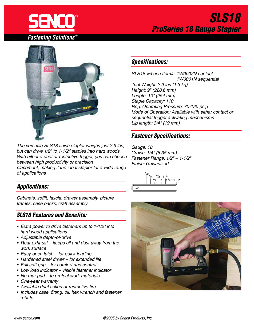 Senco SLS18 specifications ProSeries 18 Gauge Stapler, Fastening Solutions 