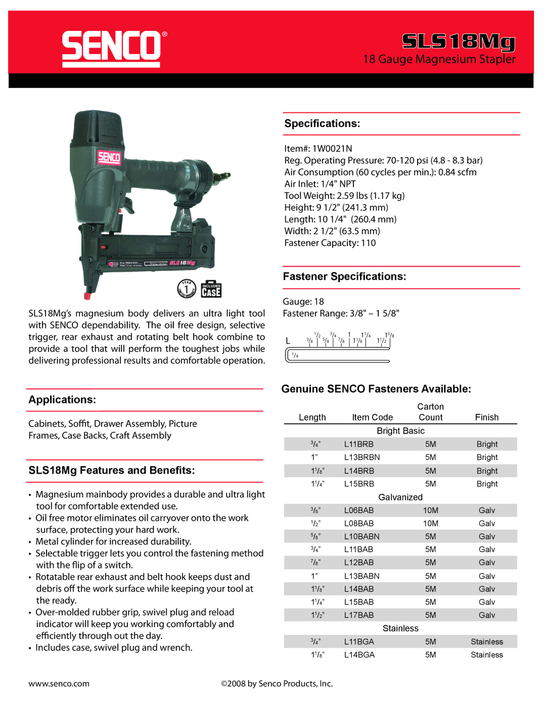 Senco SLS18MG specifications SLS18Mg, Gauge Magnesium Stapler 