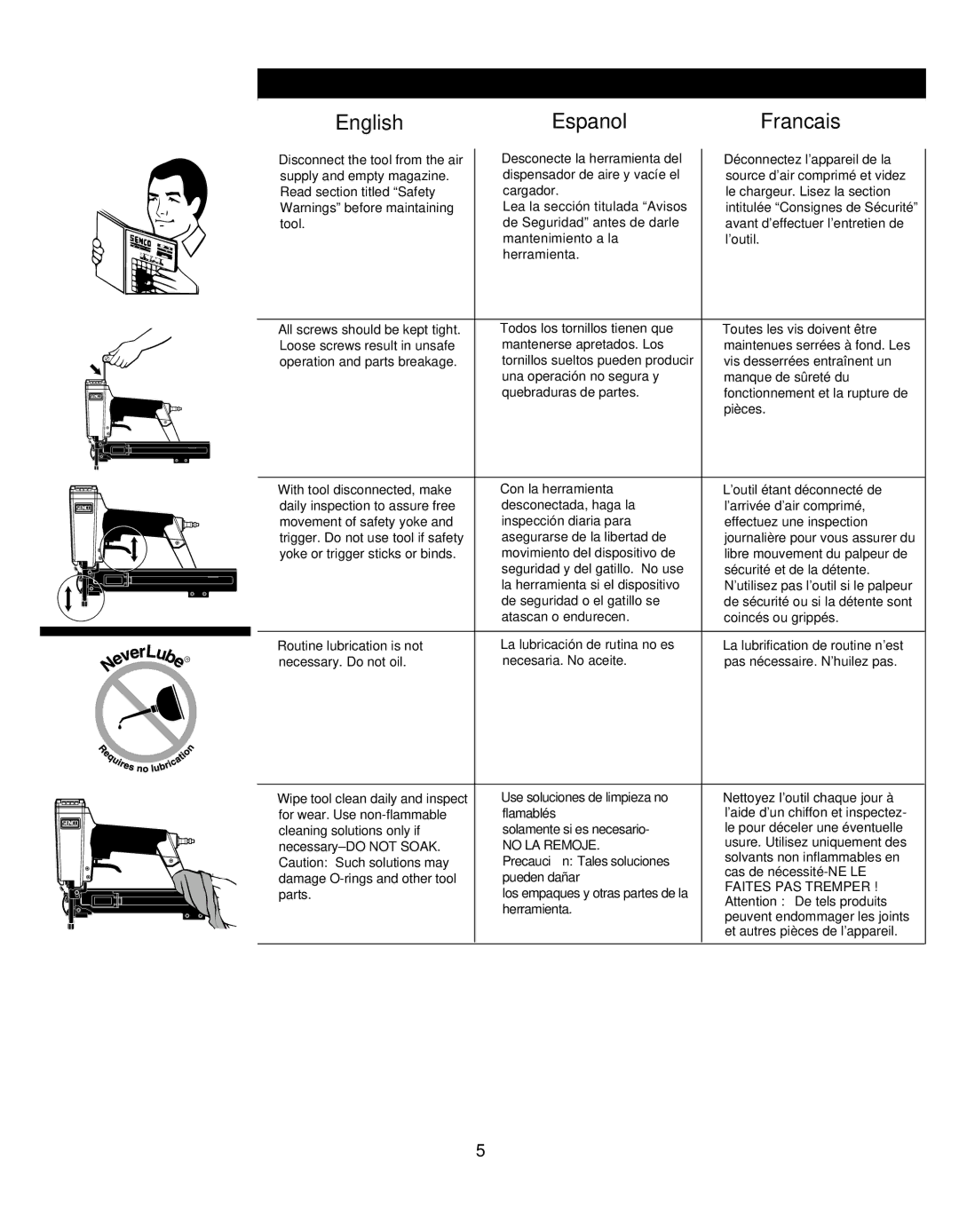 Senco SLS20HF, SLS22, SLS25 manual Maintenance Maintenimiento Entretien, No LA Remoje 