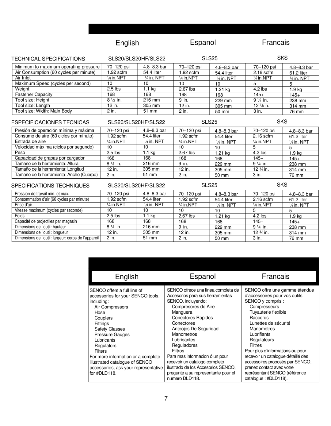 Senco SLS22, SLS20HF, SLS25 manual Specifications Especificaciones, Accessories Accesorios Accessoires 