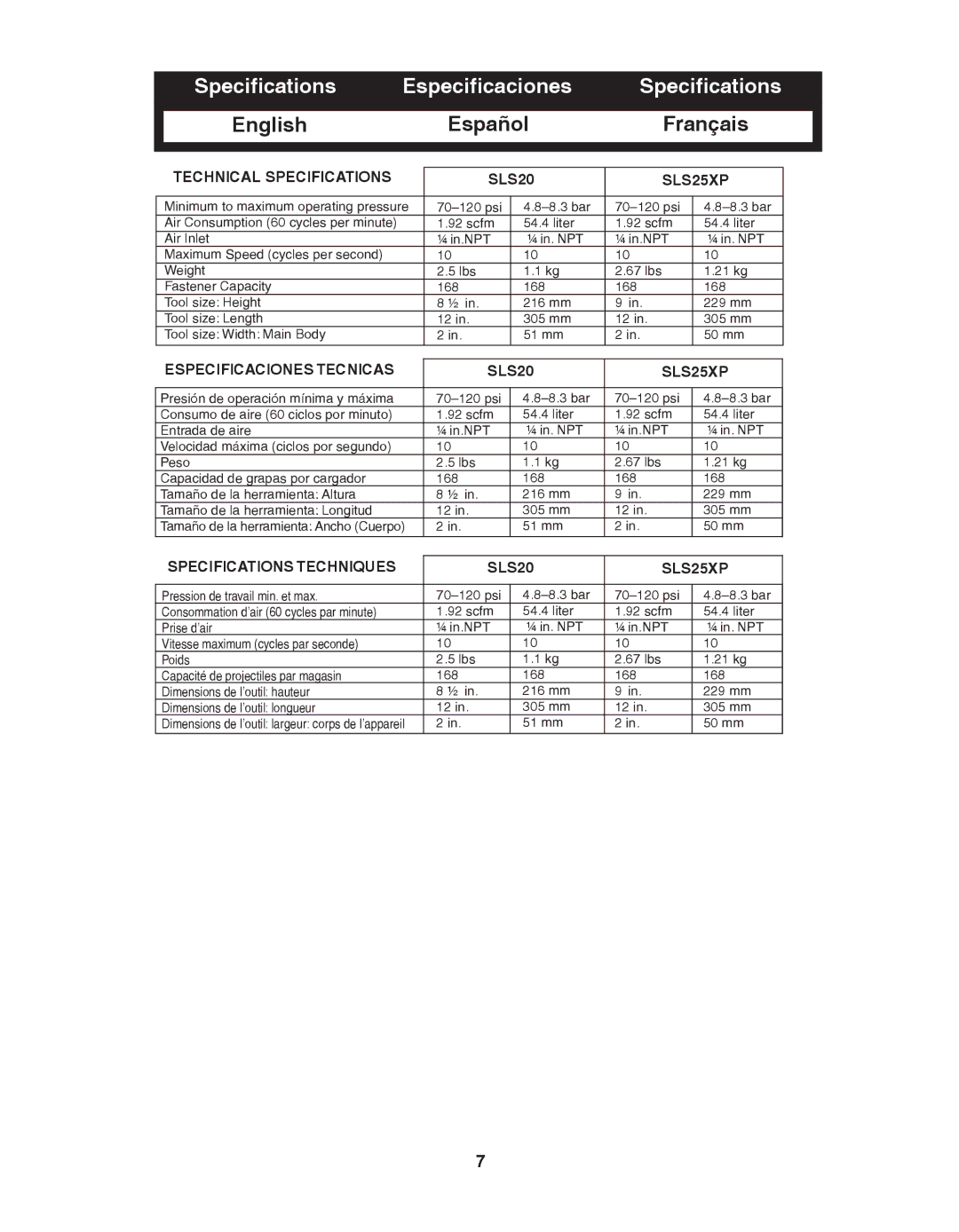 Senco SLS20XP manual Specifications Especificaciones, Especificaciones Tecnicas SLS20 SLS25XP 