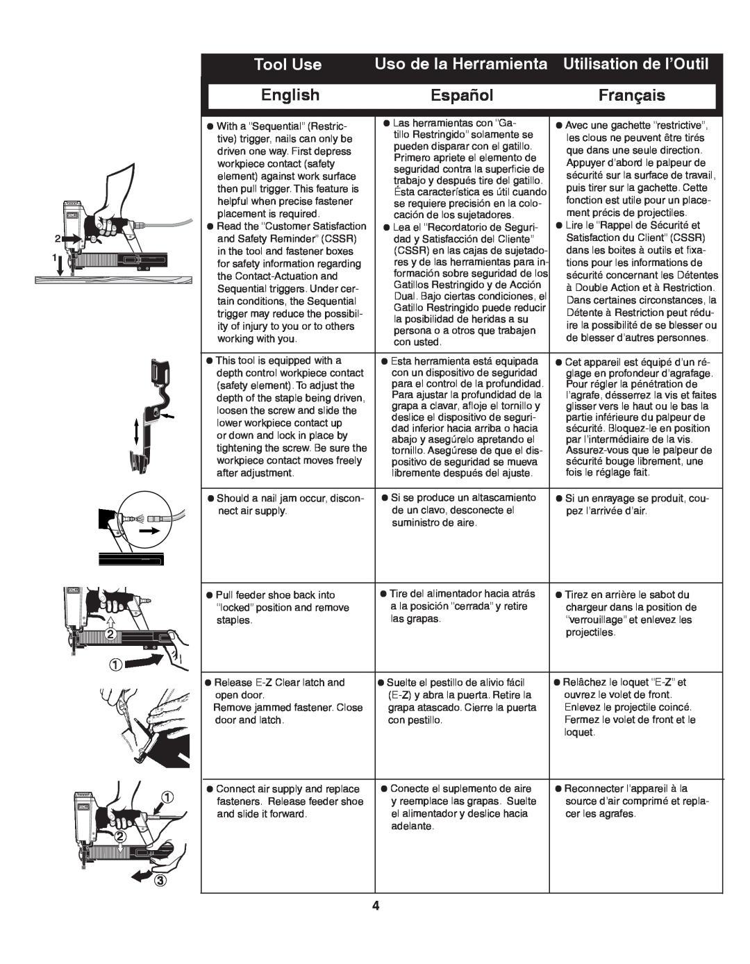 Senco SLS25XP, SLS20XP manual Tool Use, Utilisation de l’Outil, English, Español, Français, Uso de la Herramienta 
