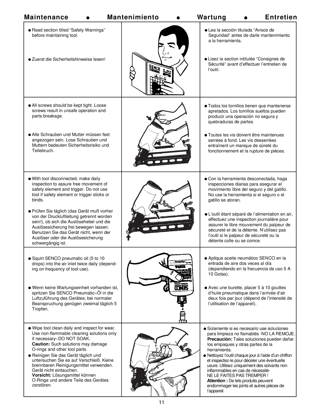 Senco SN1, SN4, SFN2, SN2 Plus, SN3 operating instructions Maintenance Mantenimiento Wartung Entretien 