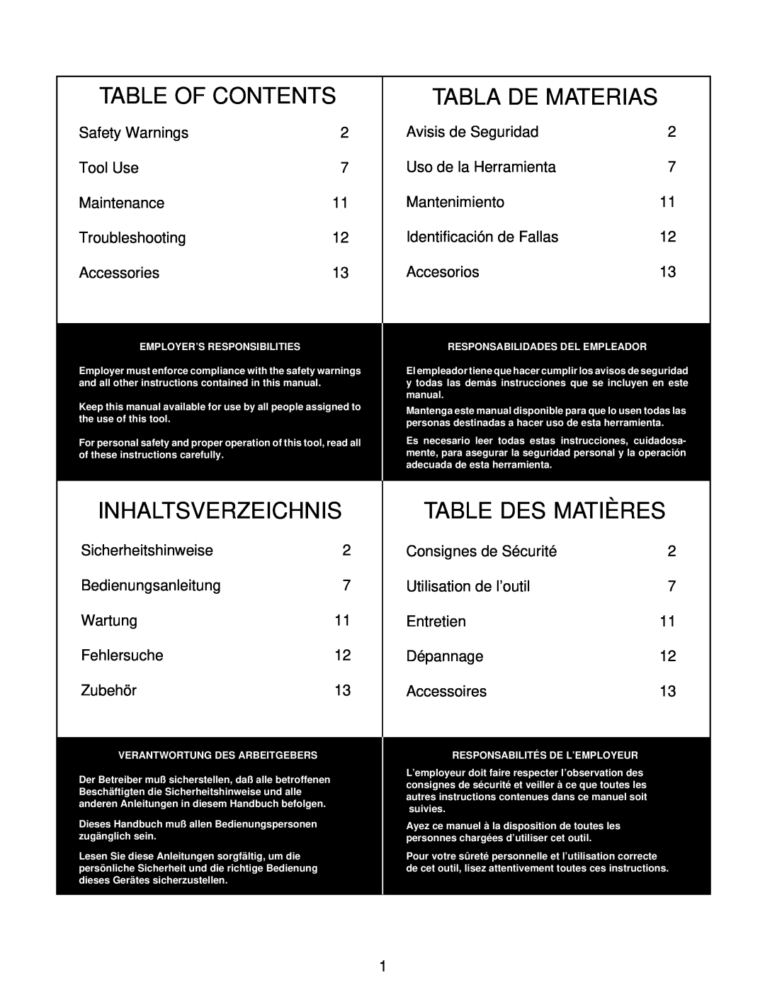 Senco SN1, SN4, SFN2, SN2 Plus, SN3 Table Of Contents, Tabla De Materias, Inhaltsverzeichnis, Table Des Matières 