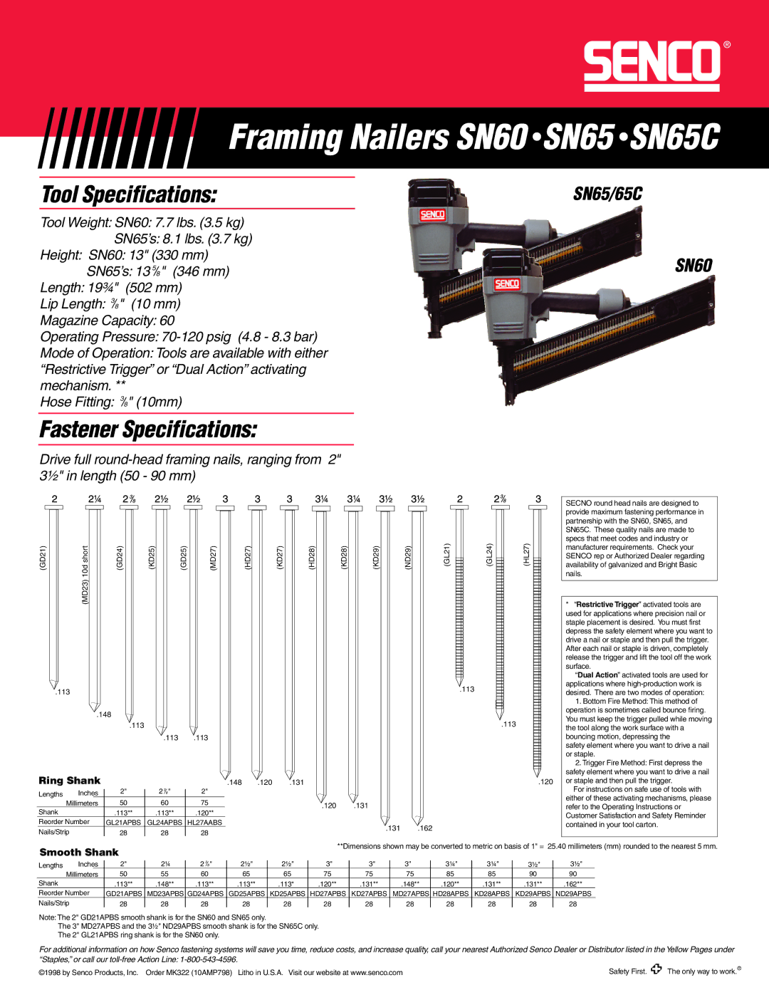 Senco SN65C, SN60 manual Tool Specifications, Fastener Specifications, Ring Shank, Smooth Shank 