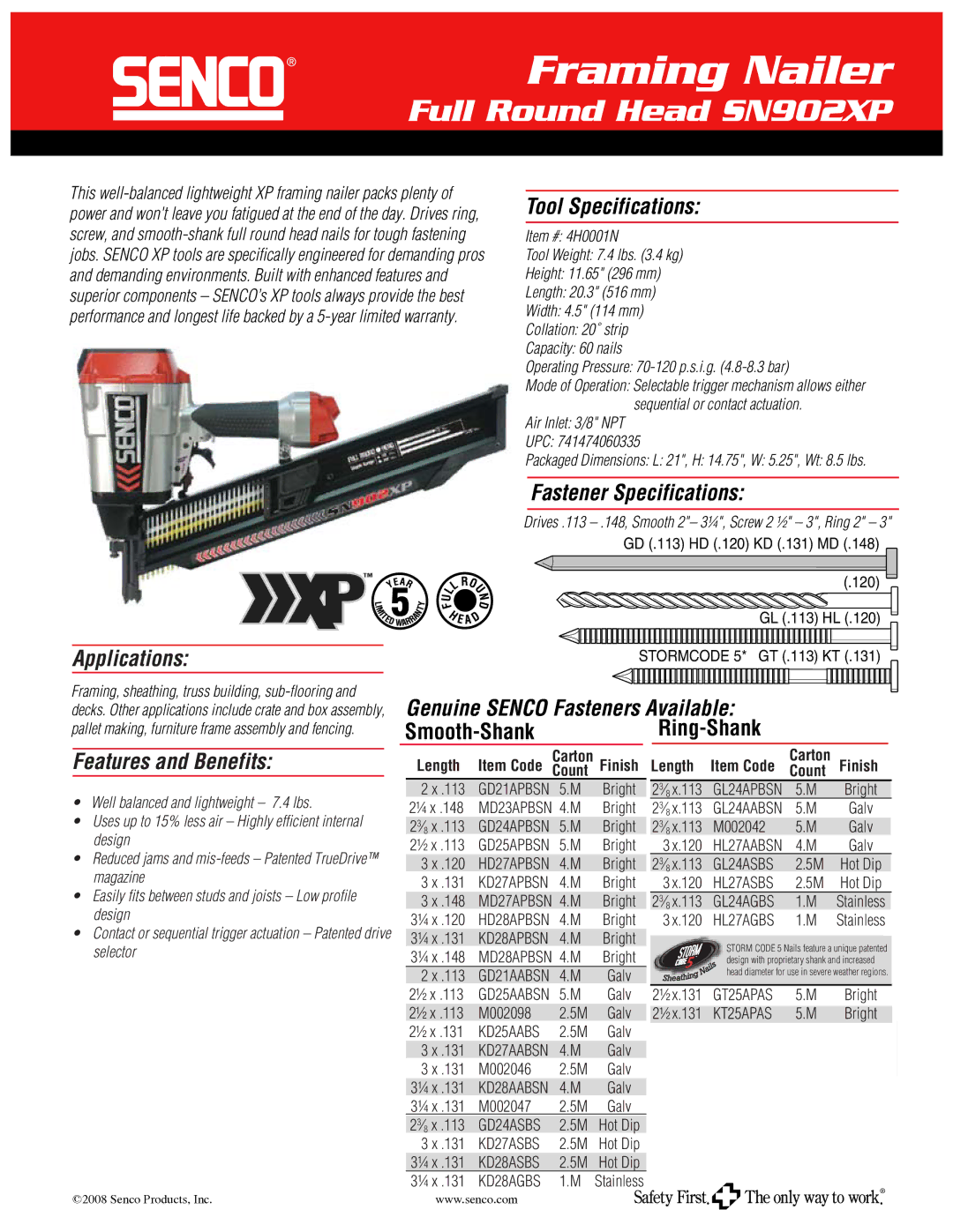 Senco SN902XP specifications Applications, Tool Specifications, Fastener Specifications, Features and Benefits 