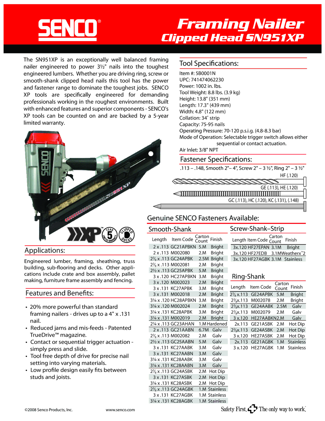 Senco SN951XP warranty Tool Specications, Fastener Specications, Genuine Senco Fasteners Available Applications 