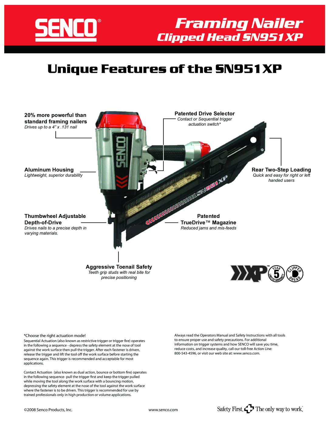 Senco SN951XP 20% more powerful than standard framing nailers, Aluminum Housing, Thumbwheel Adjustable Depth-of-Drive 