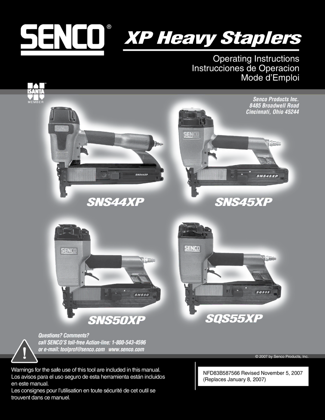 Senco SNS45XP, SNS44XP, SQS55XP, SNS50XP operating instructions XP Heavy Staplers 