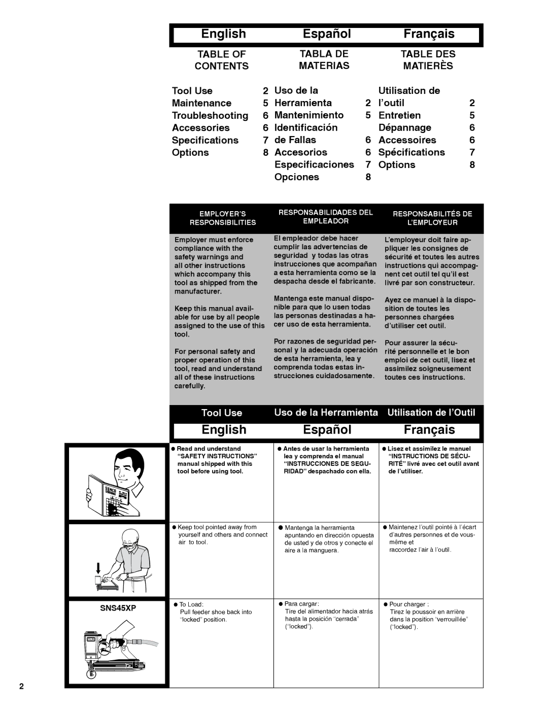 Senco SQS55XP, SNS44XP, SNS45XP, SNS50XP operating instructions English Español 